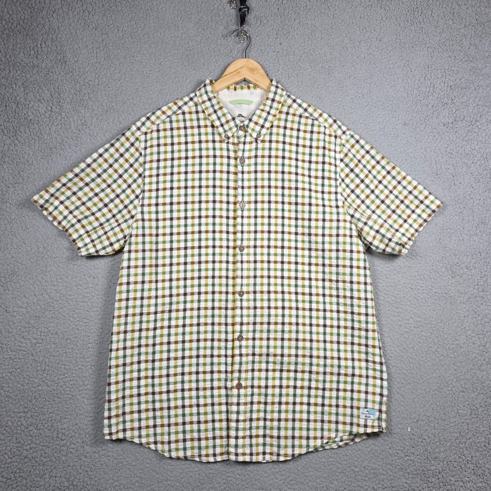 Tommy Bahama Shirt Mens Size Large Windowpane Plaid Multicolor Seersucker Cotton
